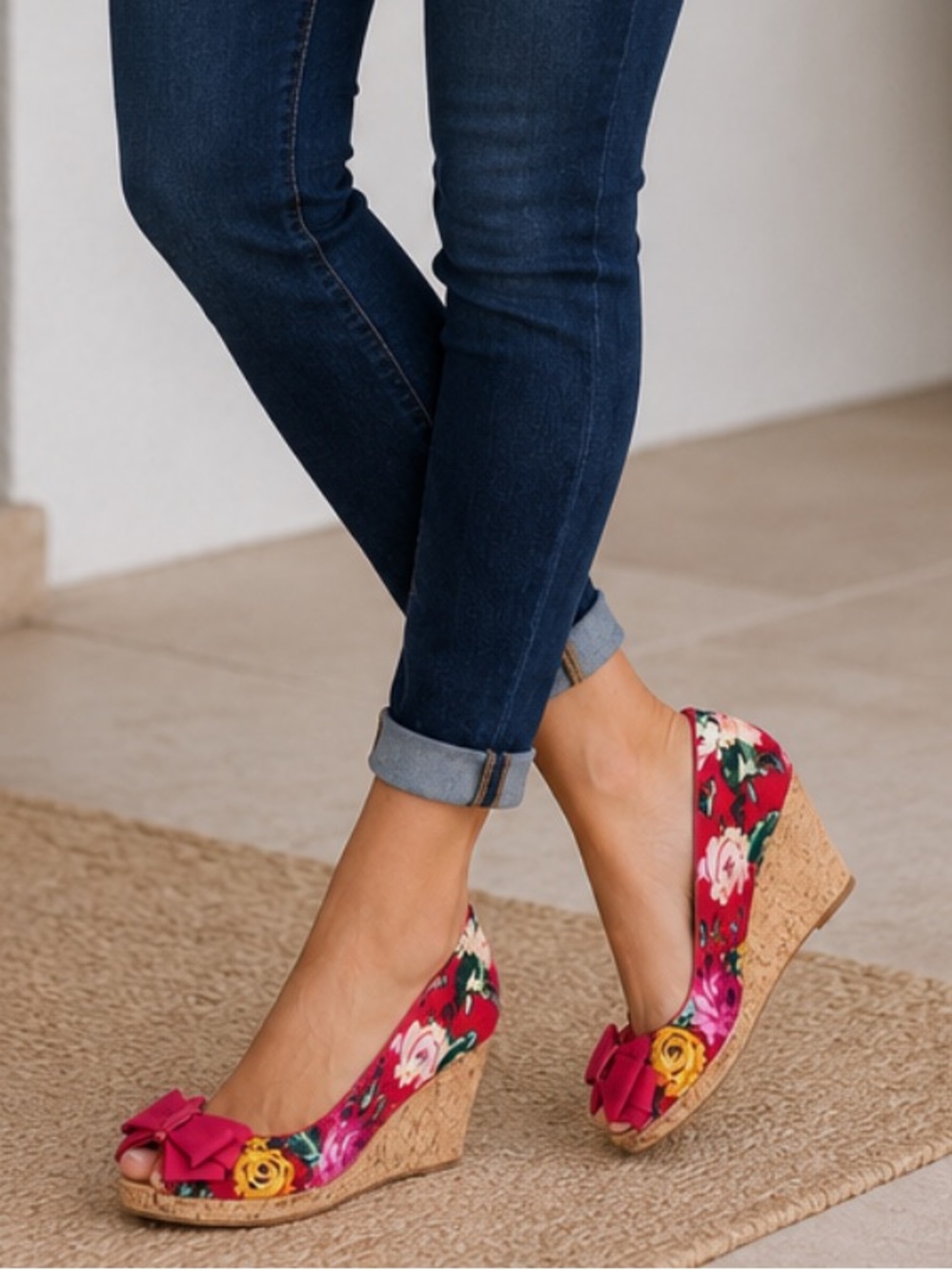 Liliana Floral NIB Heels Size 7 Cork Platform Bow Peep Toe Statement Shoes